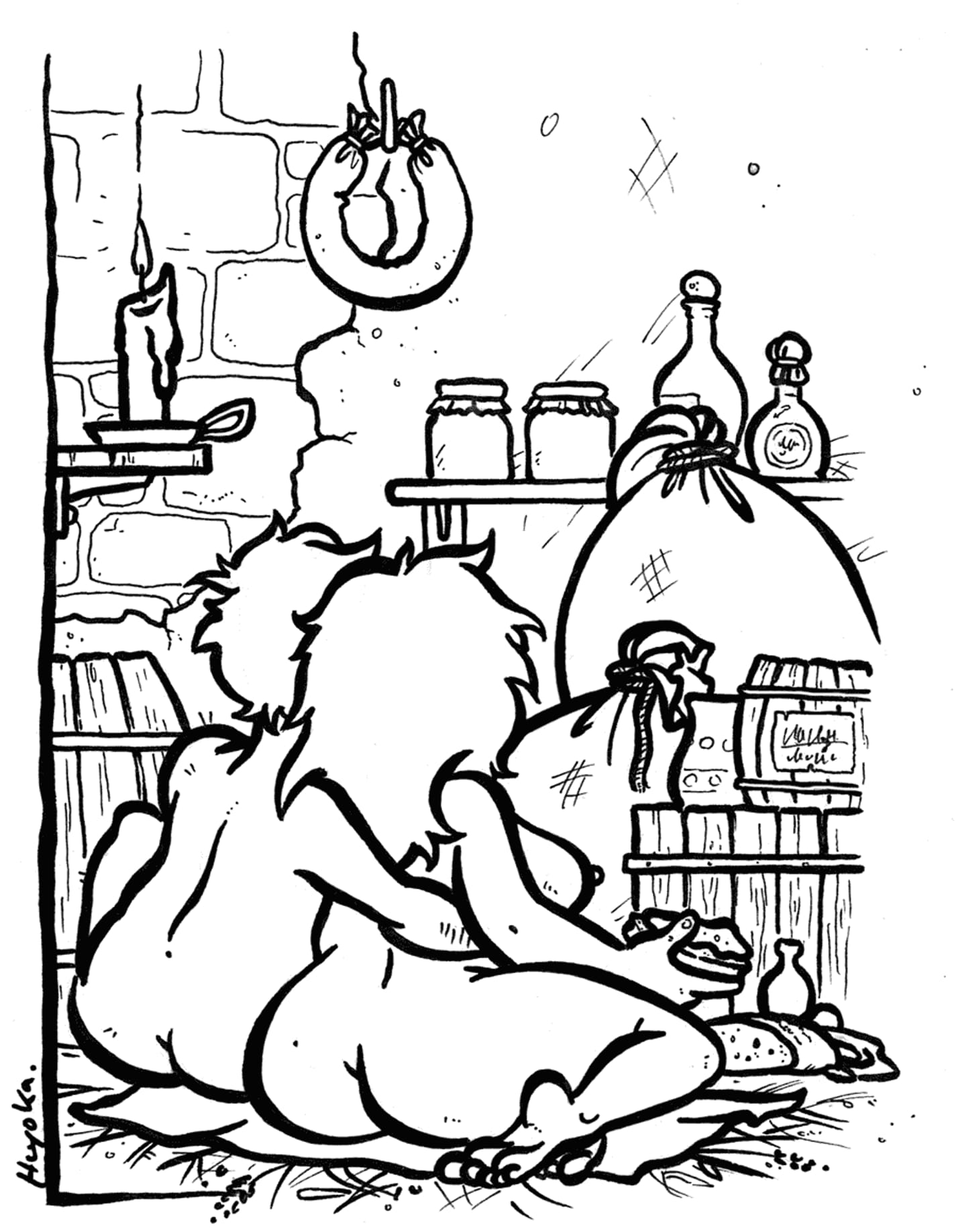Drawing for a dadaistic pseudo-historic short story – a couple enjoying a rendezvous in the larder.