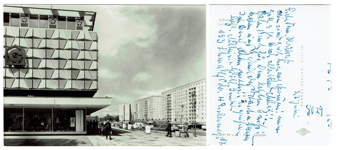 “Schwedt, Leninallee” – Scan of an old post card from the GDR