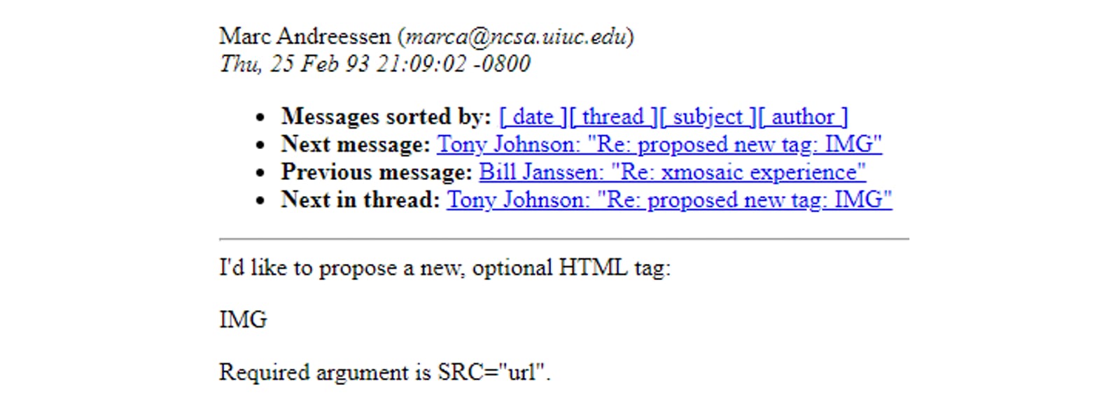 Screenshot: message of Marc Andreessen suggesting the HTML tag “IMG”