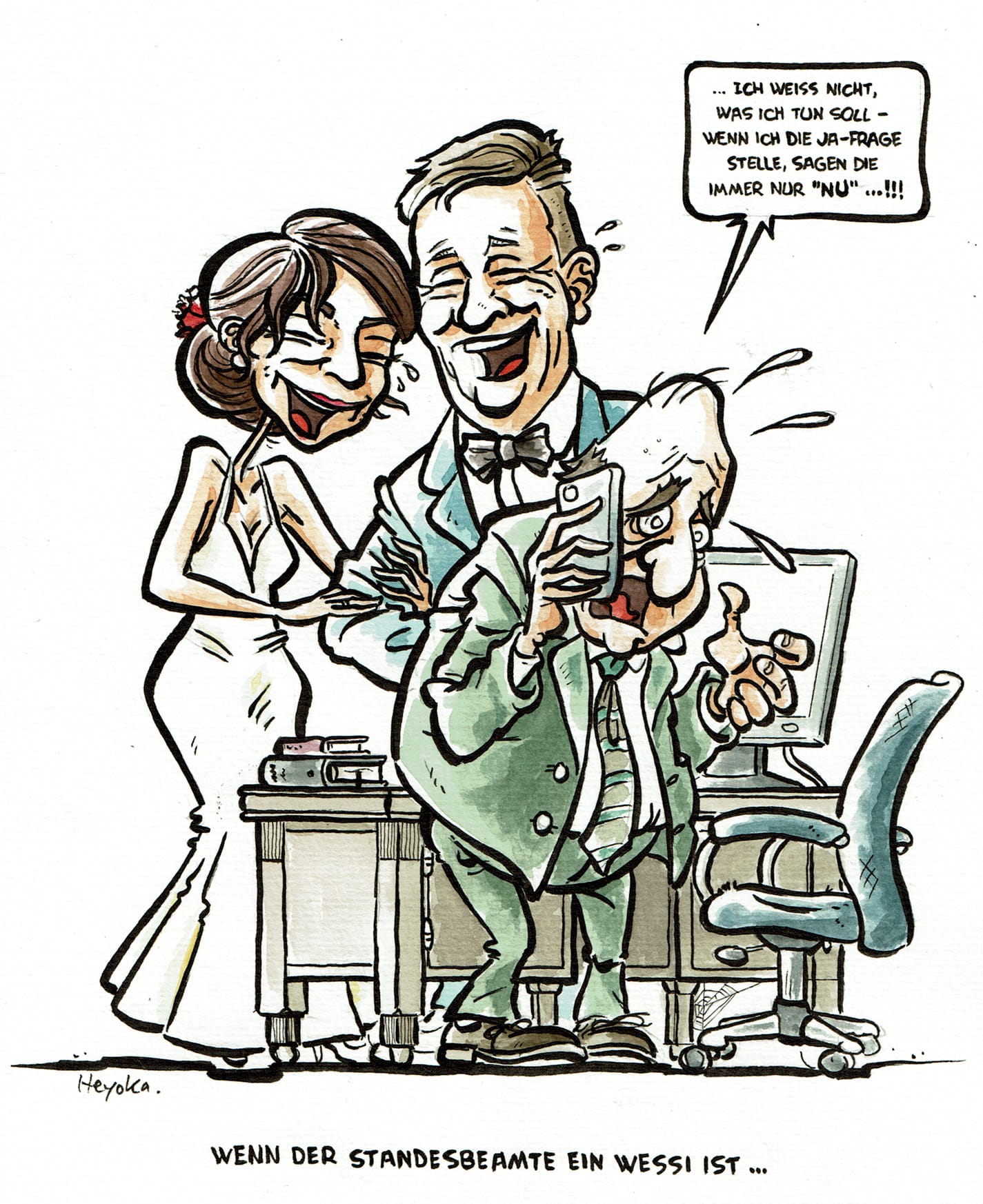 Cartoon: Happy couple at the registrar (who does not speak Saxon).