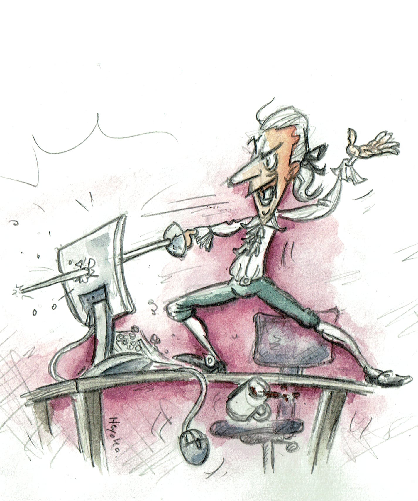 A little cartoon showing a fencer attacking his computer monitor.