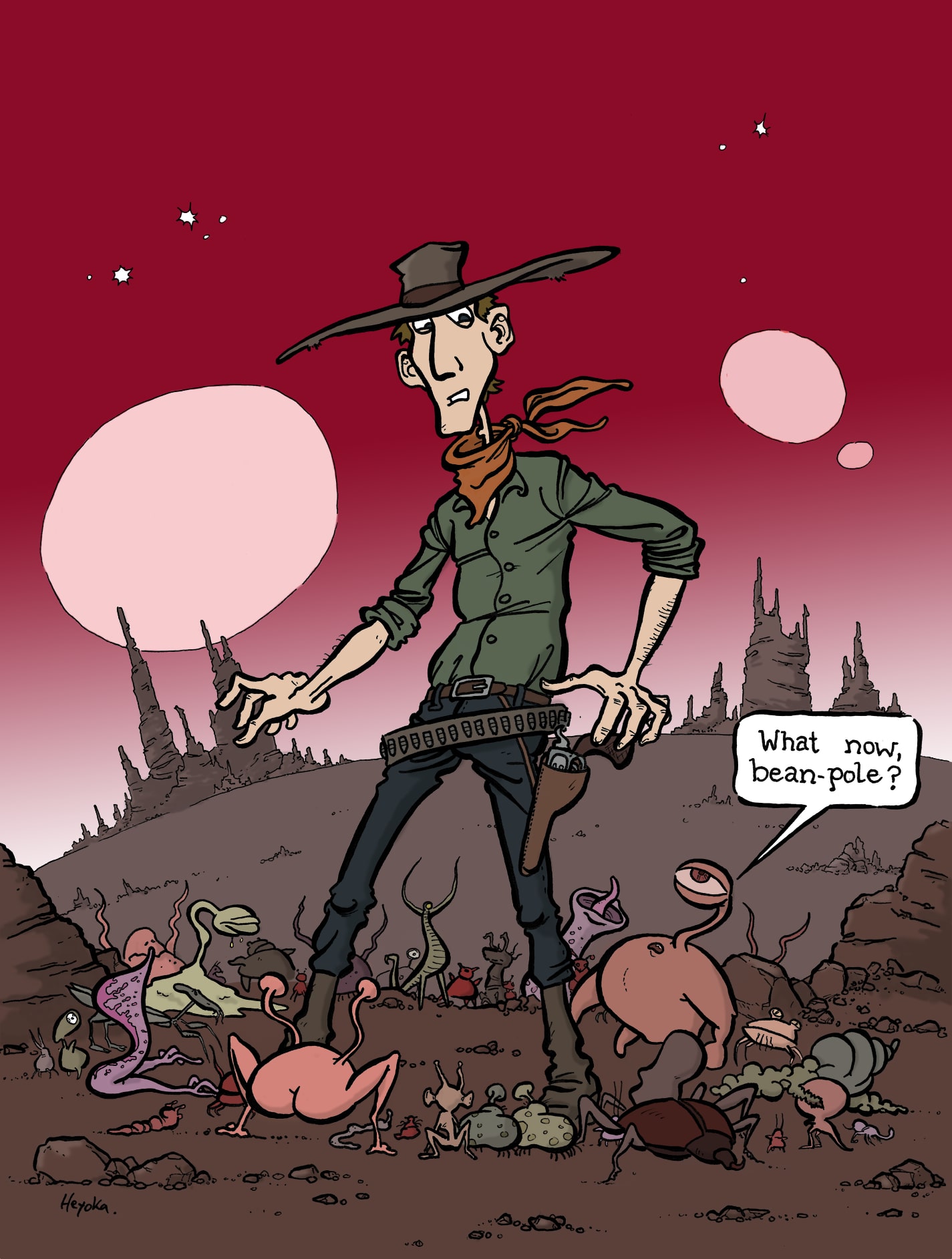 Drawing: a rather surreal scenery showing a cowboy surrounded by tiny aliens on a remote planet.