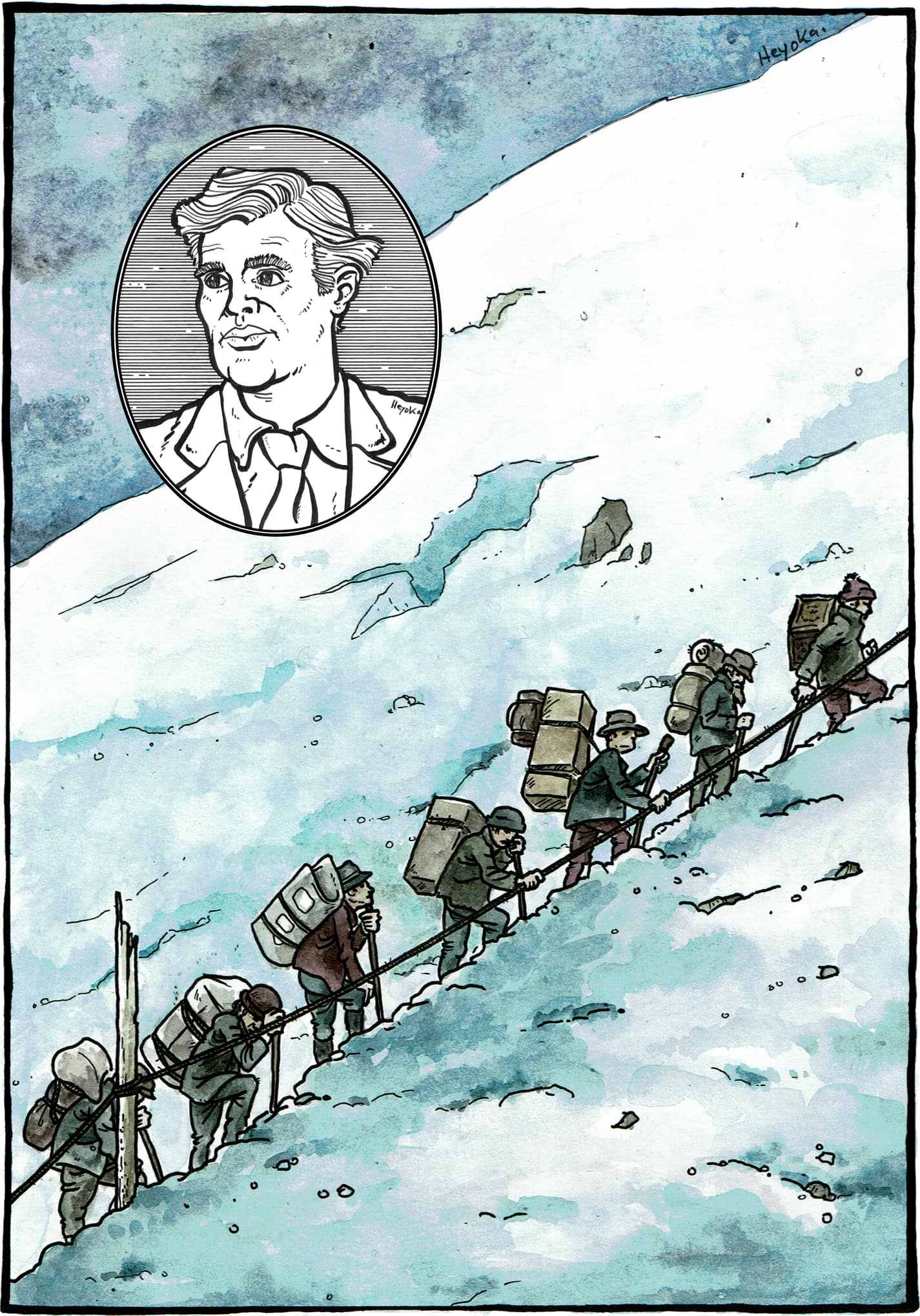 Watercolour picture showing gold prospectors ascending a snow-covered mountain ridge. And a vignette with an inked portrait of Jack London.