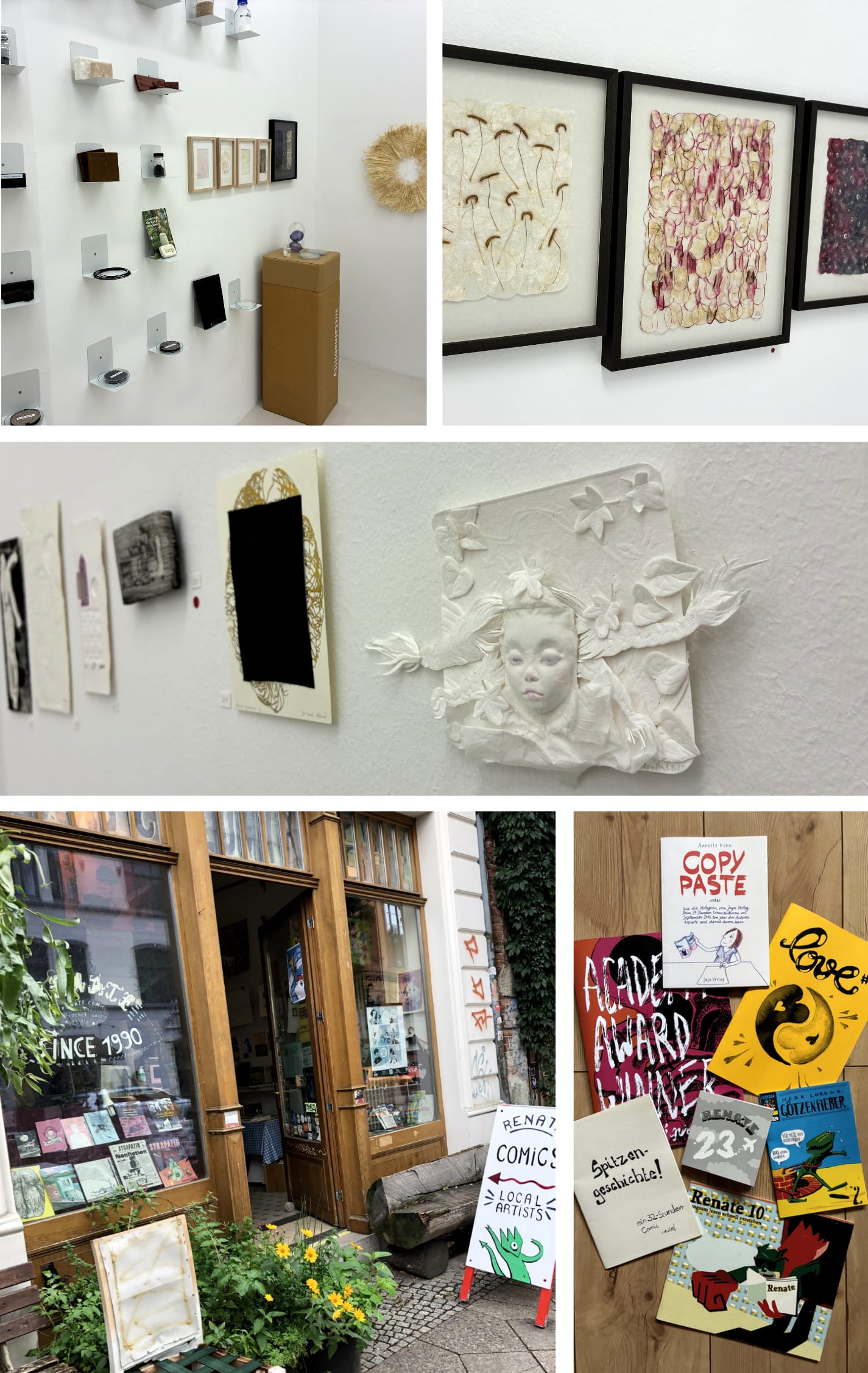 Collage of photos: impressions from the exhibition “Haus des Papiers” in Berlin and from the comic book shop “Renate Comics”.