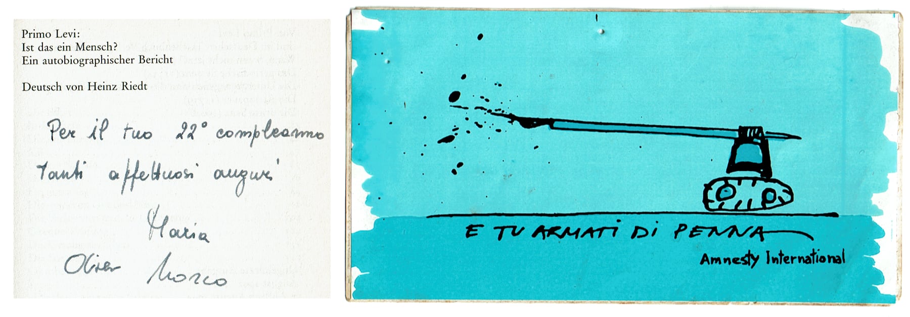 A scan of the dedication written into a book by Marco whom the article is about, and a sticker shwoing the words “And your weapon is the pen” in Italian.