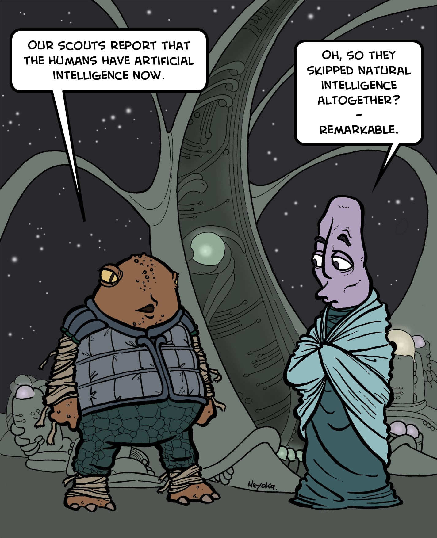 A cartoon showing two aliens on a remote planet who discuss humankind’s recent technological feats.