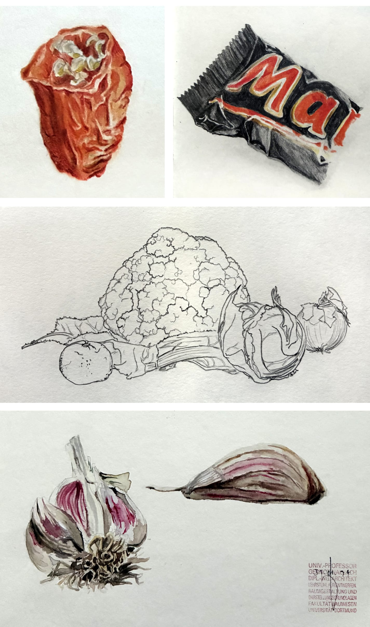 Photo: sketches of vegetables (and a stray snack bar) the blog author has made as a student of architecture.